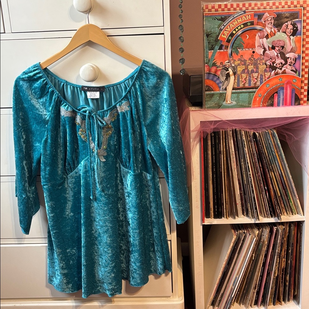 Vintage Y2K New Teal Velvet XL Fairy Peasant Blouse Top Beaded Embroidered